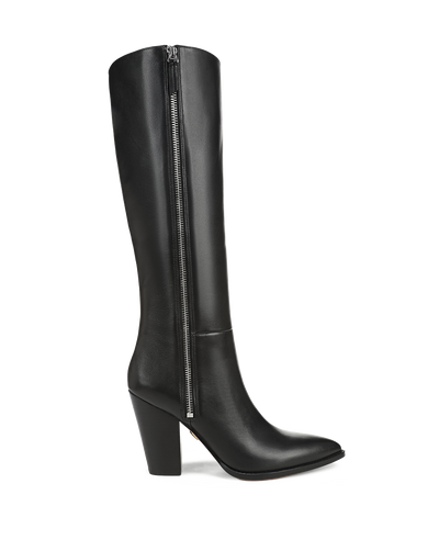 Veronica Beard Black leather knee-high boot with side zipper.