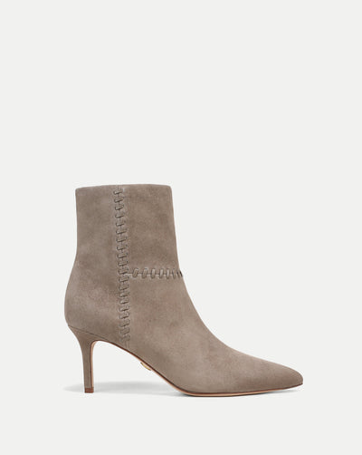Veronica Beard Taupe suede ankle boots with decorative stitching.