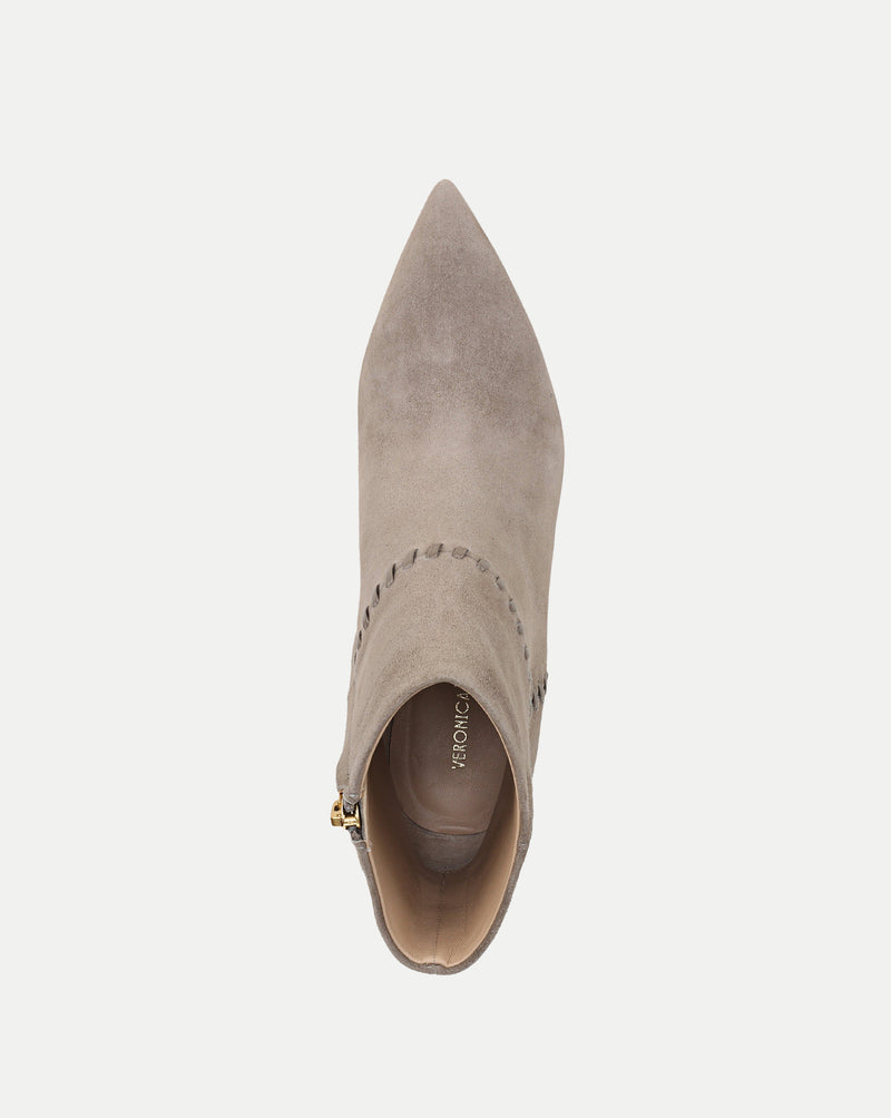 Veronica Beard Taupe suede ankle boot with side zipper.