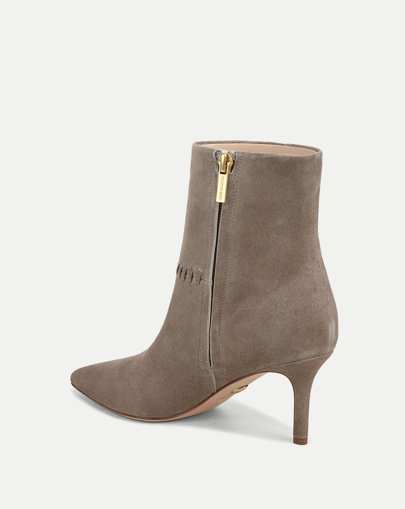 Veronica Beard Taupe suede ankle boots with gold zipper.
