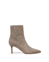 Veronica Beard Taupe suede ankle boot with decorative stitching.
