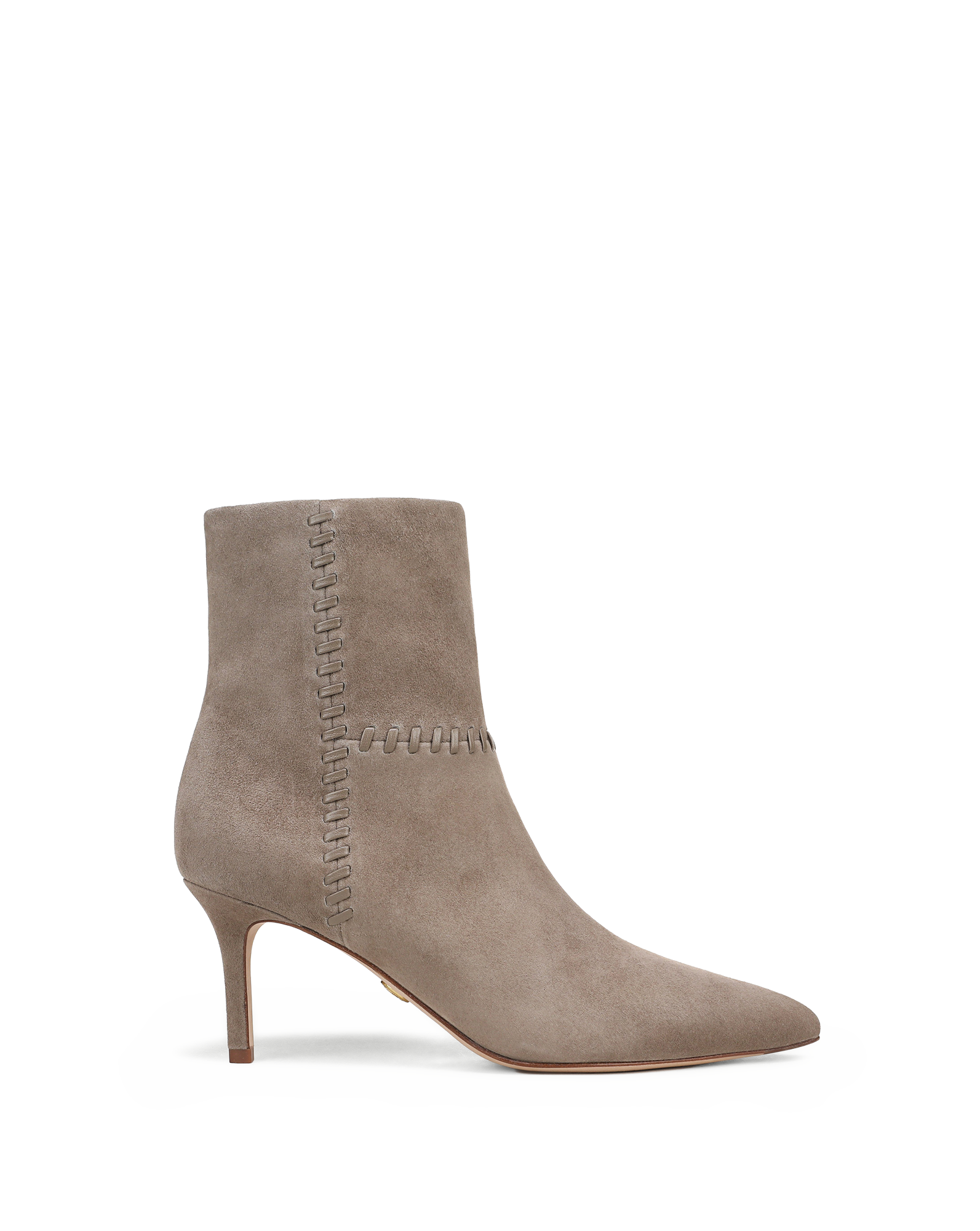 Veronica Beard Taupe suede ankle boot with decorative stitching.