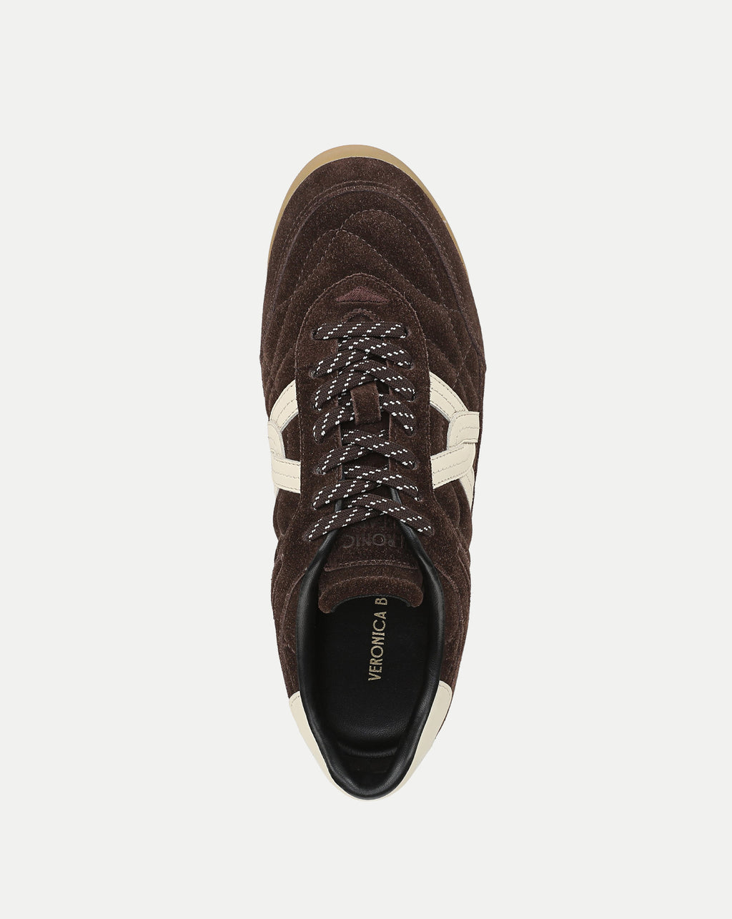 Veronica Beard Brown suede sneakers with white stripes and laces.