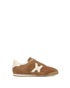 Veronica Beard Brown suede sneaker with cream accents.