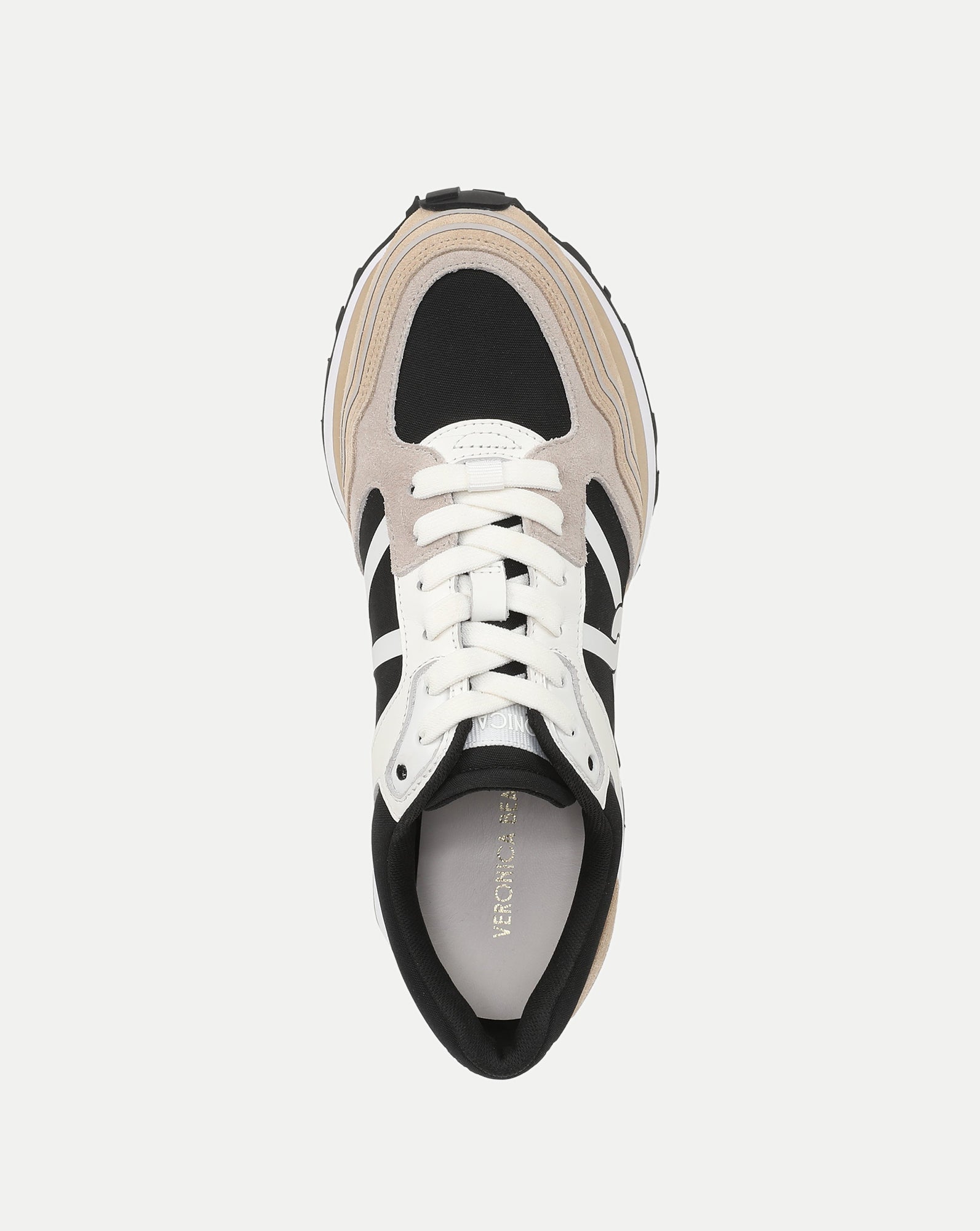 Veronica Beard Black and beige multi-material athletic sneakers.