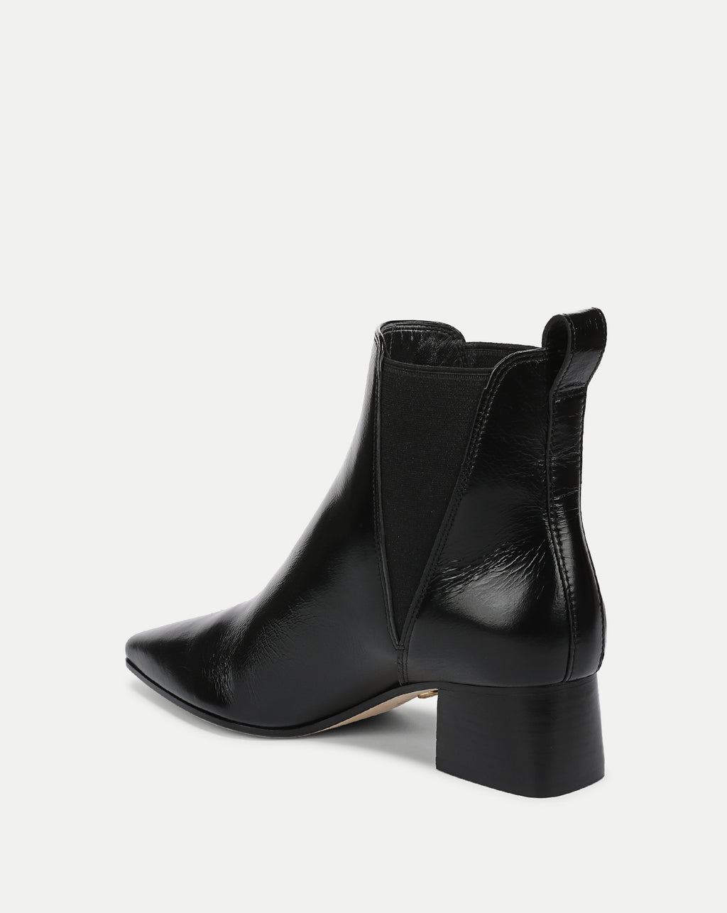 Veronica Beard Black patent leather Chelsea boots with block heel.