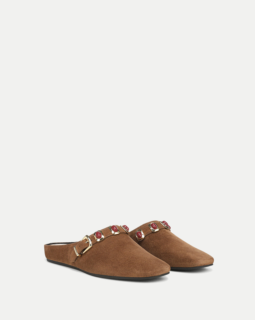 Veronica Beard Brown suede mules with gold buckle and red embellishments.