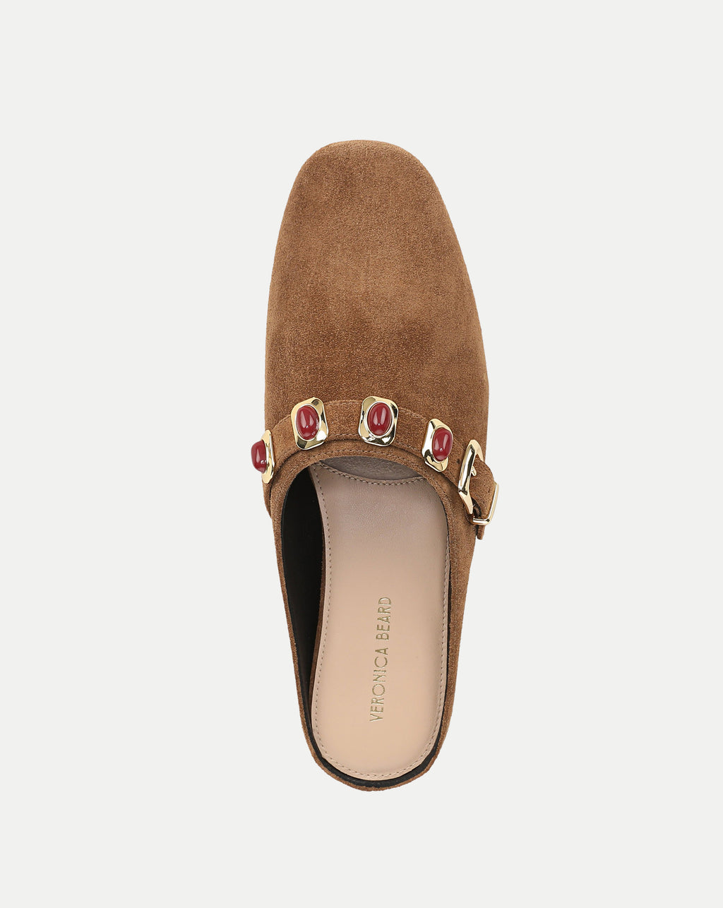 Veronica Beard Brown suede mule with red stone embellishments.