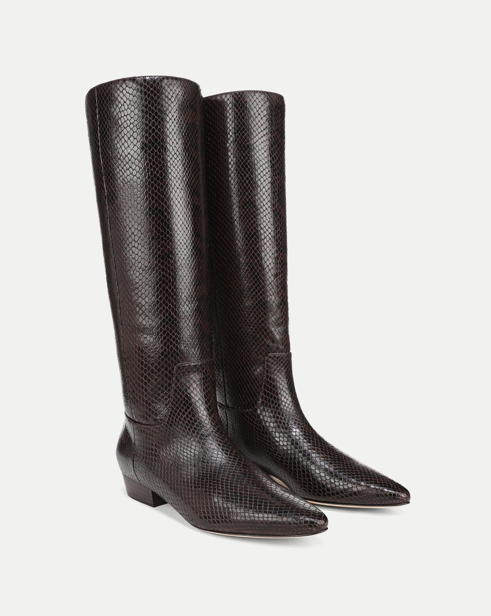 Veronica Beard Brown snakeskin knee-high boots with pointed toes.
