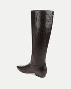 Veronica Beard Brown snakeskin knee-high boot with pointed toe.