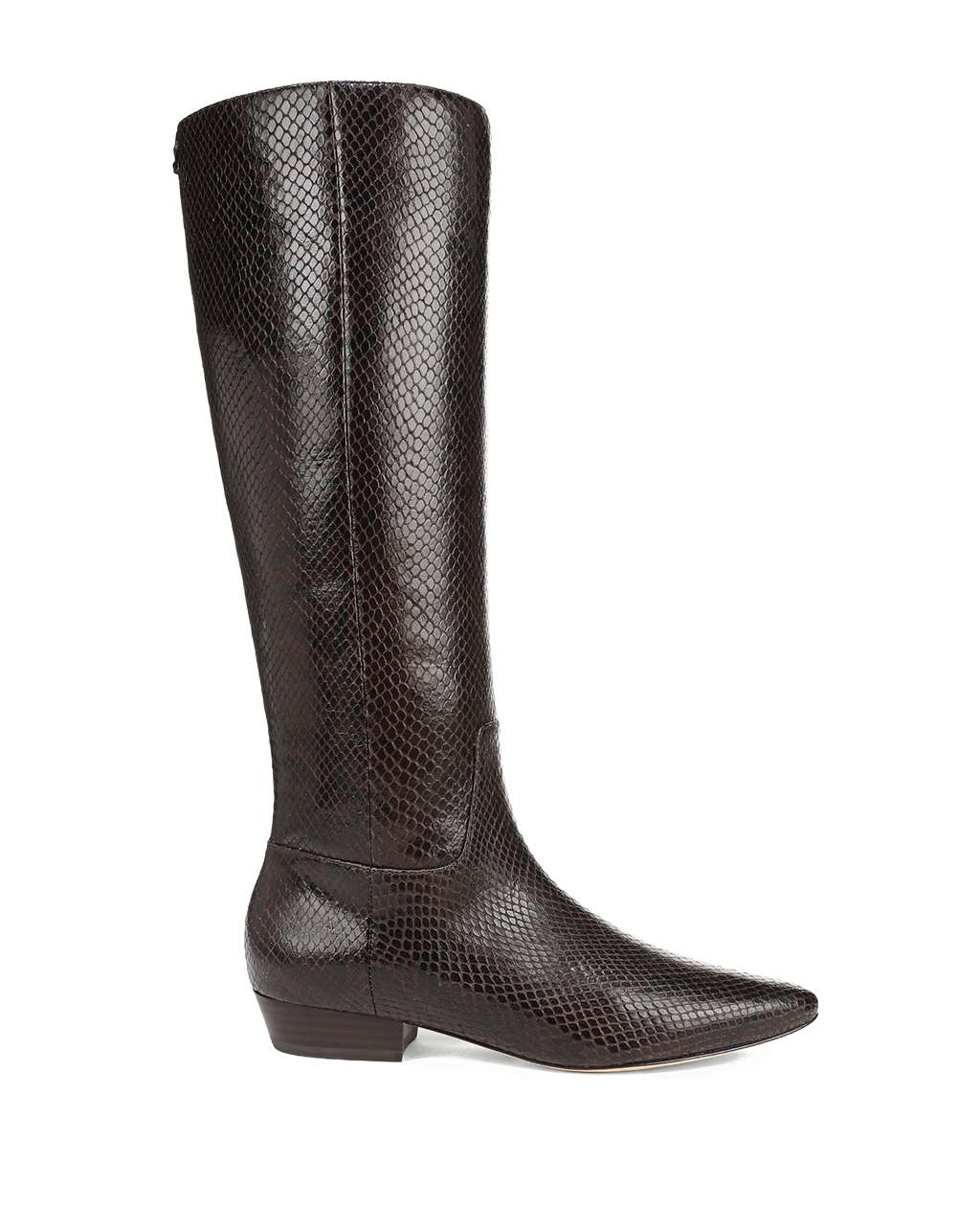Veronica Beard Brown snakeskin knee-high boot with pointed toe.