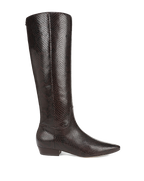Veronica Beard Brown snakeskin knee-high boot with pointed toe.