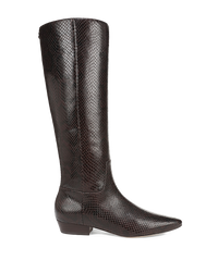 Veronica Beard Brown snakeskin knee-high boot with pointed toe.