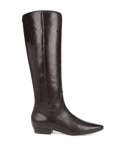 Veronica Beard Brown snakeskin knee-high boot with pointed toe.