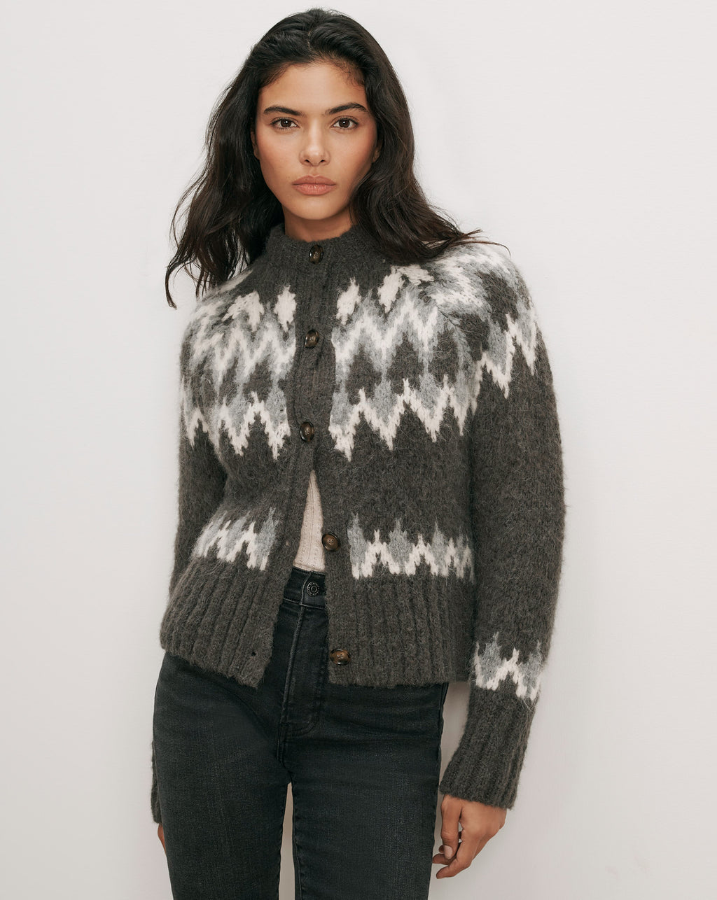 Veronica Beard Gray fair isle cardigan with brown buttons.