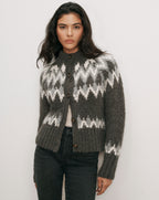Veronica Beard Gray fair isle cardigan with brown buttons.