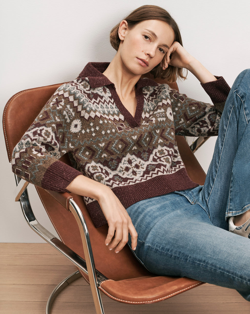 Veronica Beard Brown fair isle knit polo sweater