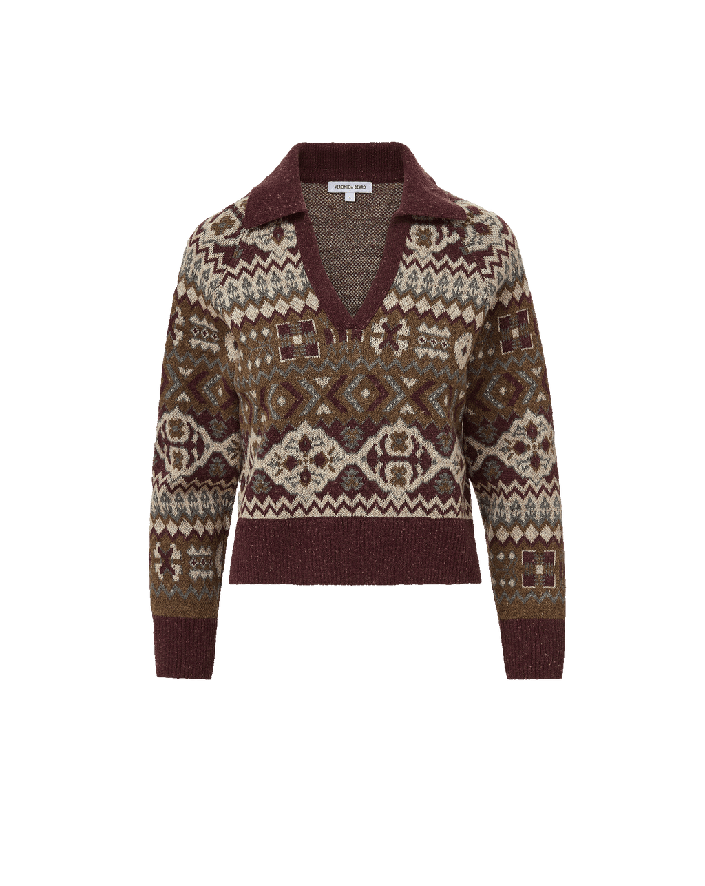 Veronica Beard Burgundy and brown patterned knit V-neck sweater.