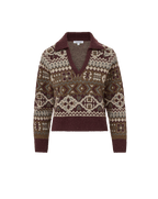 Veronica Beard Burgundy and brown patterned knit V-neck sweater.
