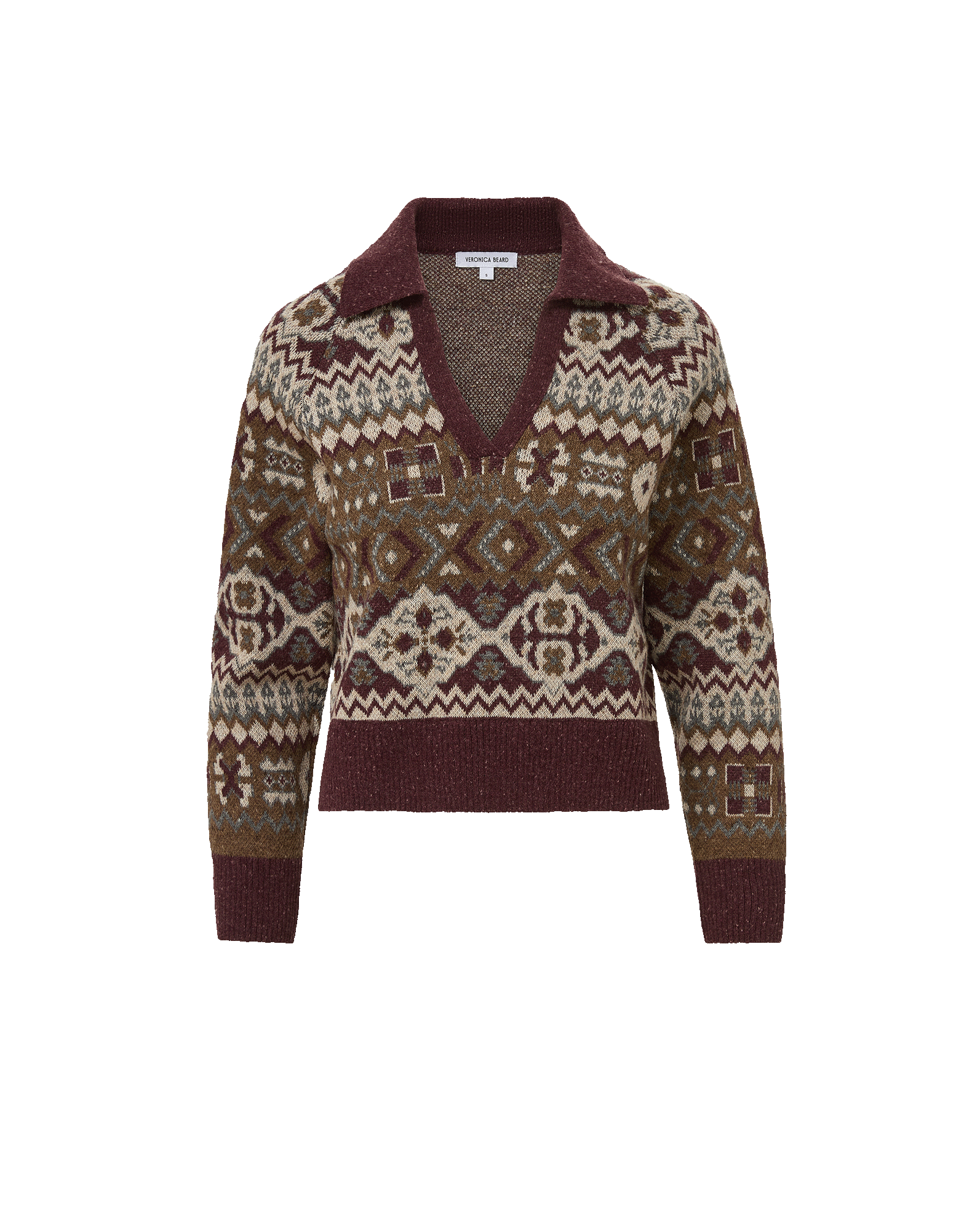 Veronica Beard Burgundy and brown patterned knit V-neck sweater.