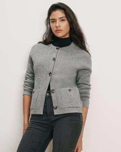 Veronica Beard Gray cardigan, button-front, with two front pockets.