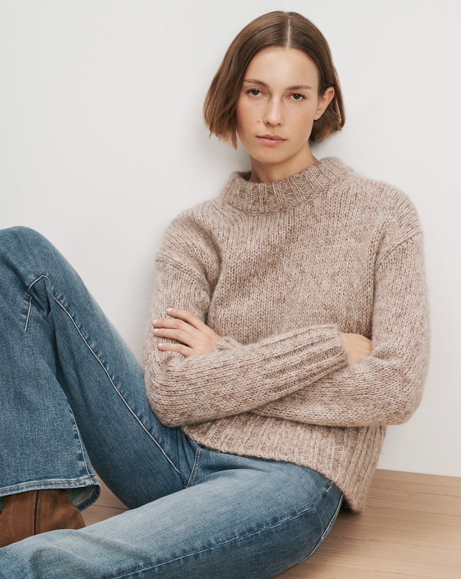 Veronica Beard Beige knit sweater, mock neck, long sleeves.