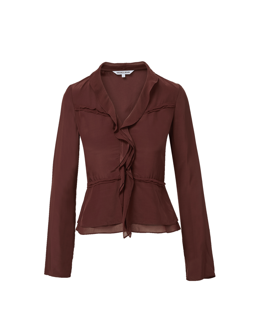 Veronica Beard Brown ruffled long sleeve peplum blouse.