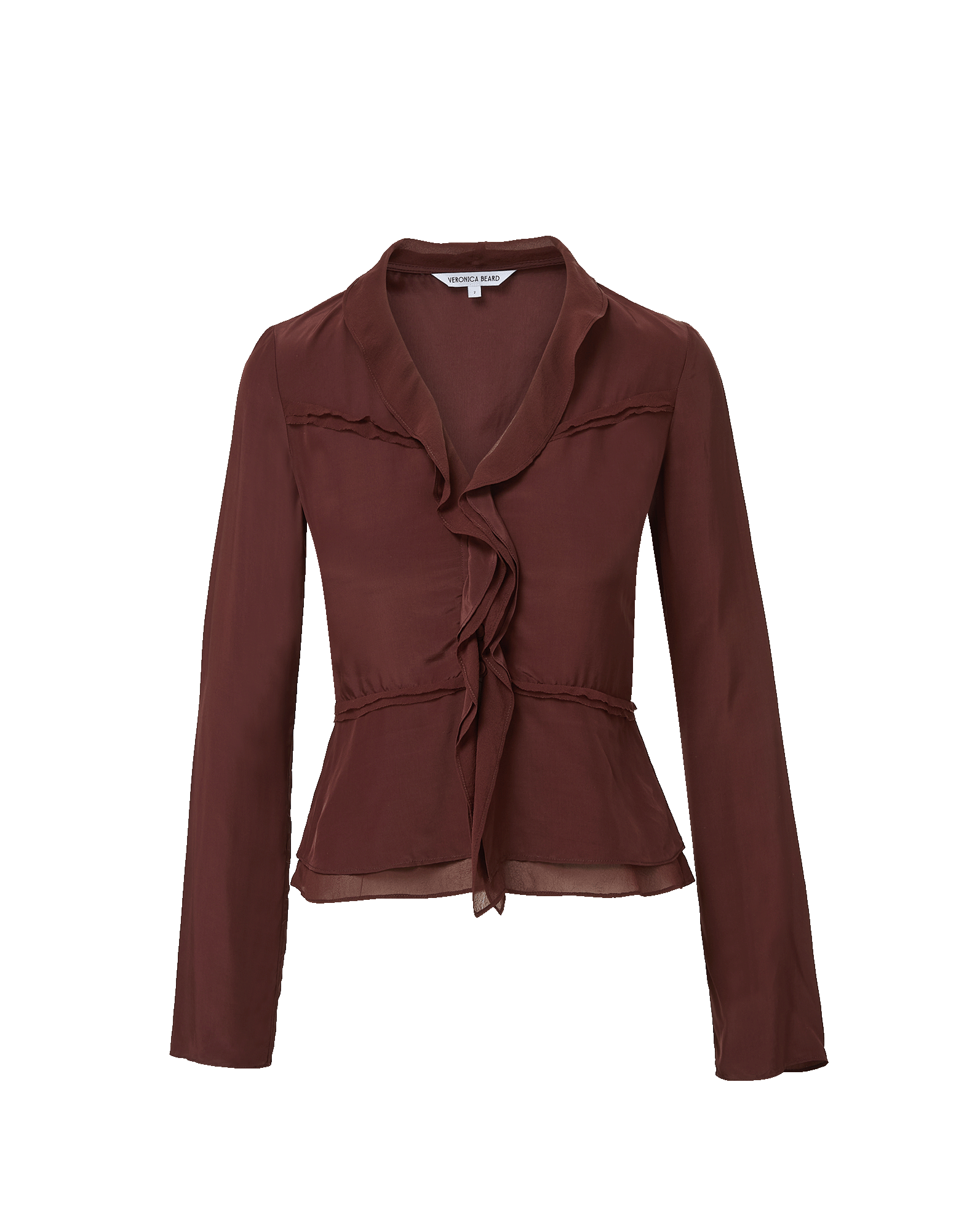 Veronica Beard Brown ruffled long sleeve peplum blouse.