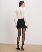 Veronica Beard White silk blouse, black embellished mini skirt