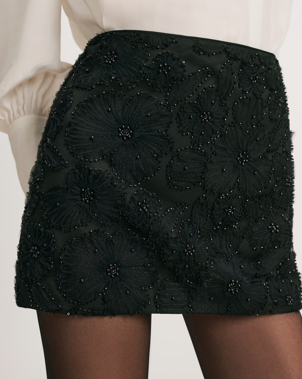 Veronica Beard Black floral beaded mini skirt.