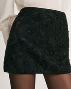 Veronica Beard Black floral beaded mini skirt.