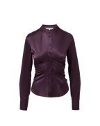 Veronica Beard Purple satin long-sleeve button-down shirt with ruched waist.