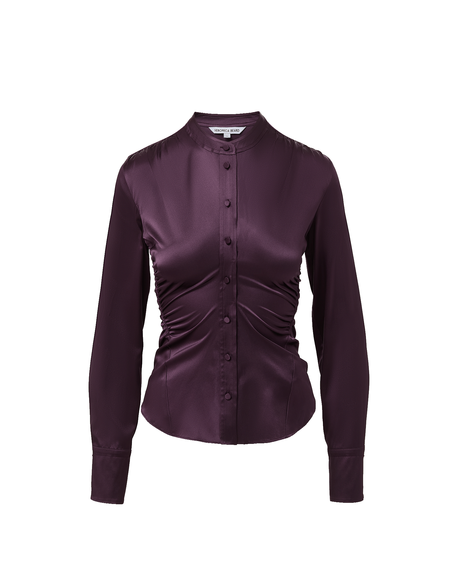 Veronica Beard Purple satin long-sleeve button-down shirt with ruched waist.
