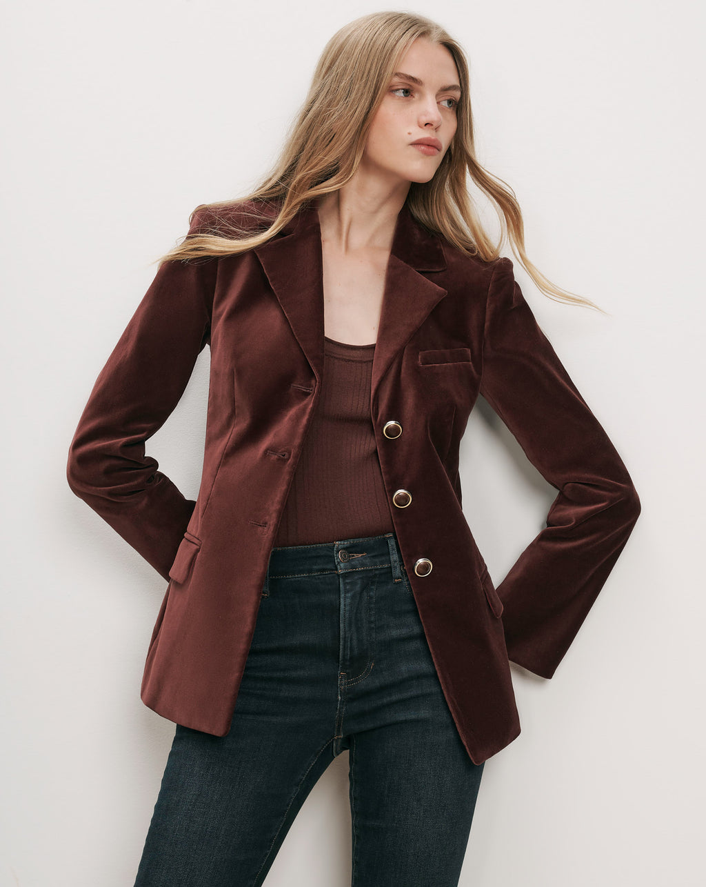 Veronica Beard Brown velvet blazer, single-breasted, three gold buttons.