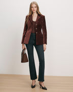 Veronica Beard Brown velvet blazer, ribbed top, dark wash jeans.