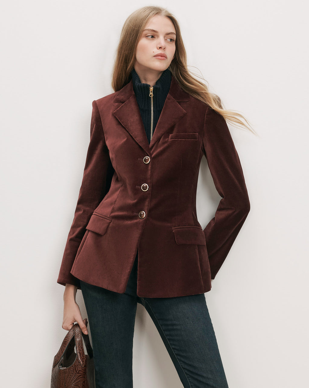 Veronica Beard Brown velvet blazer with gold buttons.