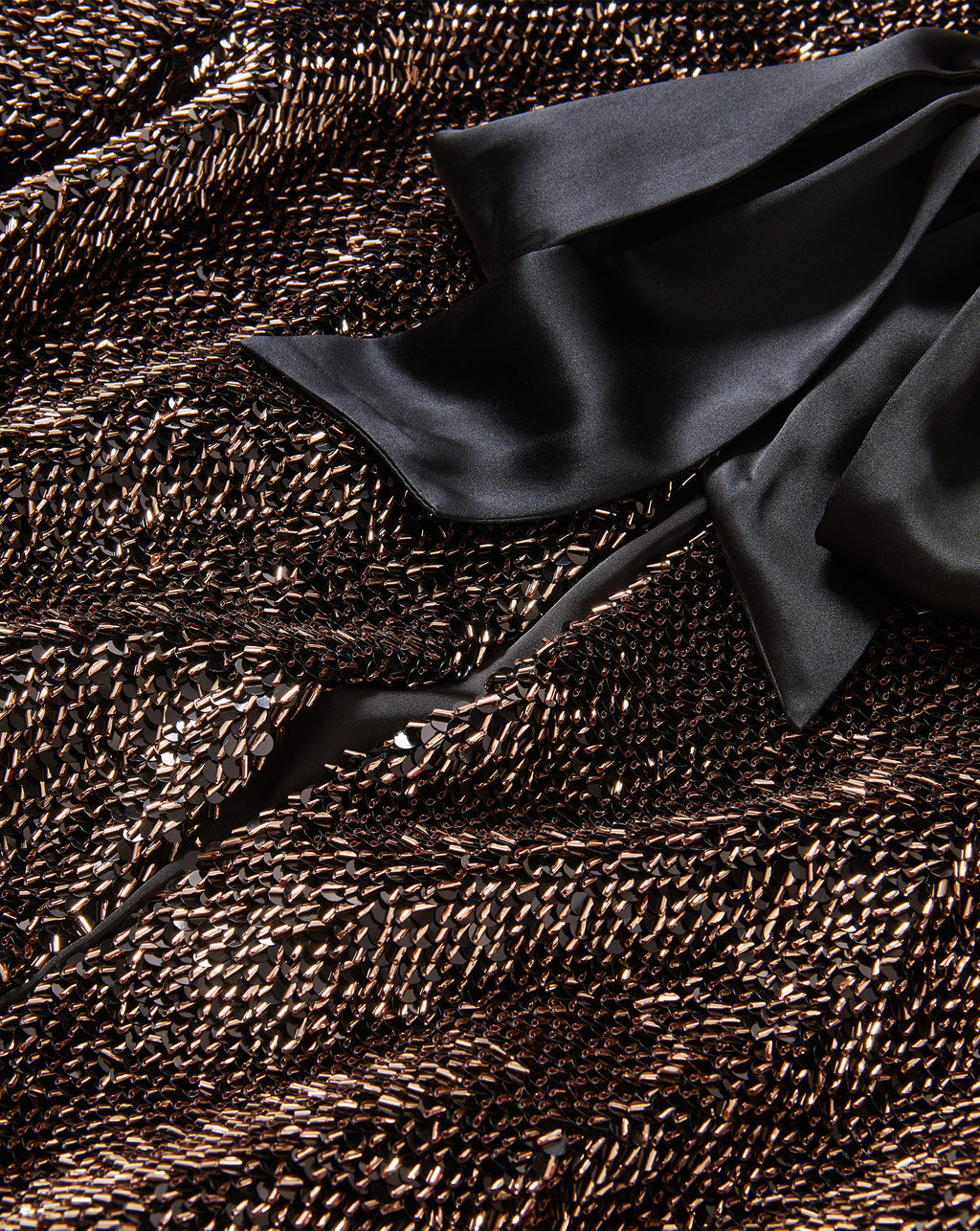 Veronica Beard Bronze sequin dress with black satin bow.