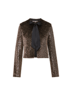 Veronica Beard Bronze sequin cropped jacket with black necktie.