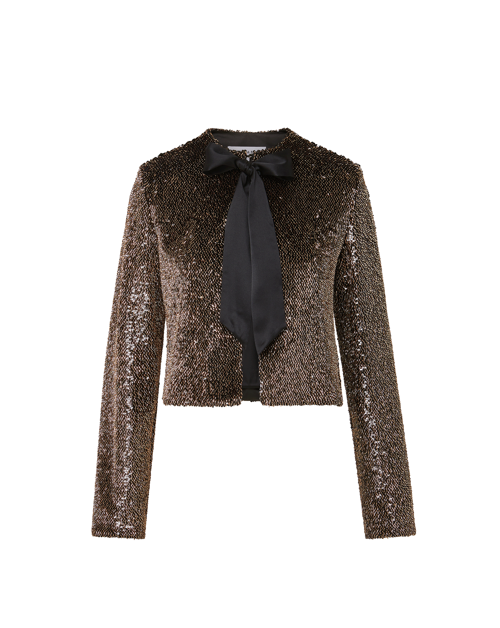 Veronica Beard Bronze sequin cropped jacket with black necktie.