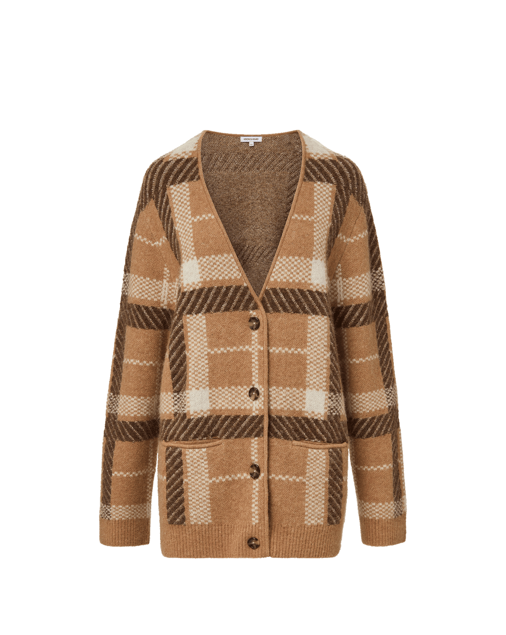 Veronica Beard Brown plaid knit cardigan with button front closure.