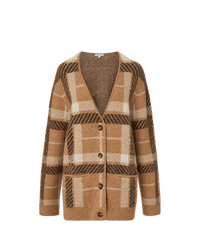 Veronica Beard Brown plaid knit cardigan with button front closure.