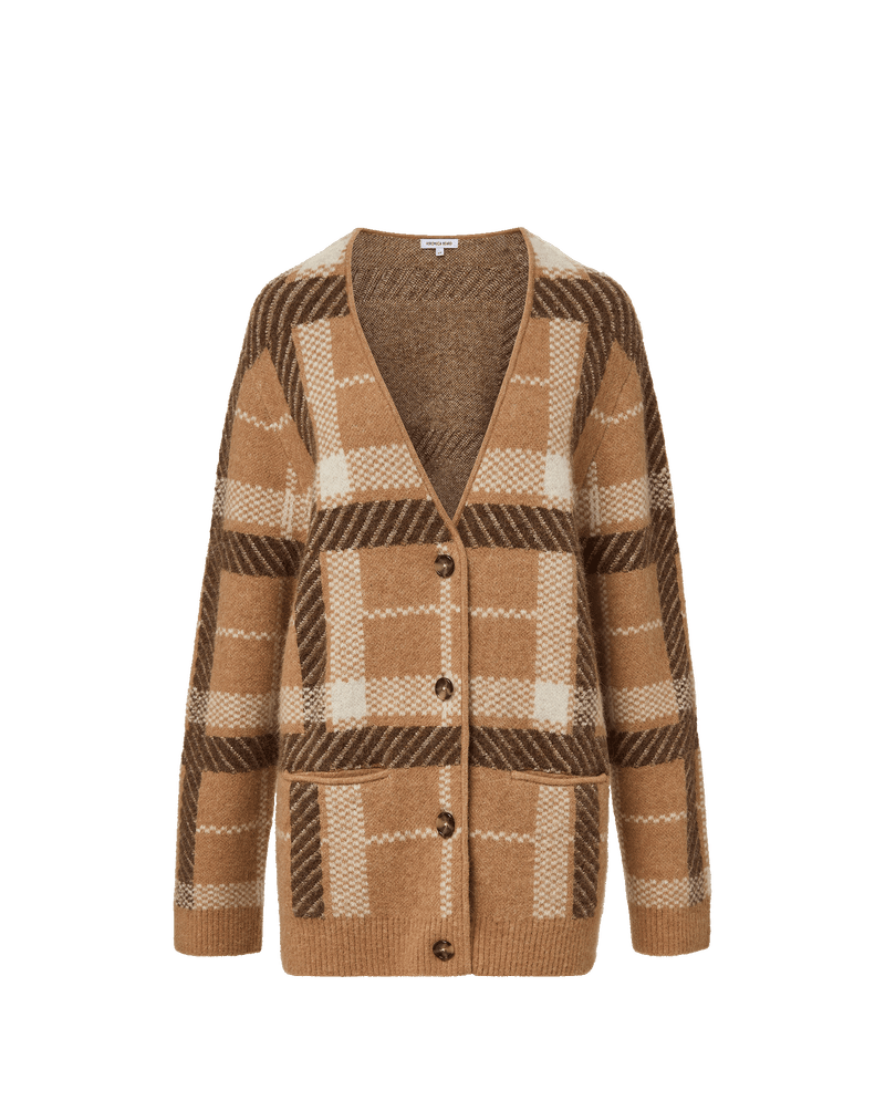 Veronica Beard Brown plaid knit cardigan with button front closure.