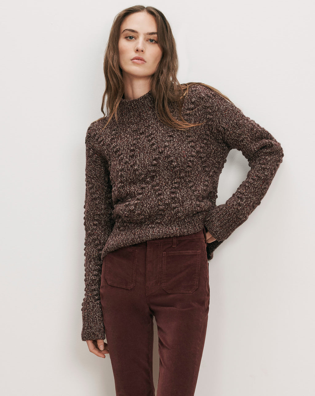 Veronica Beard Brown textured knit sweater and corduroy pants.