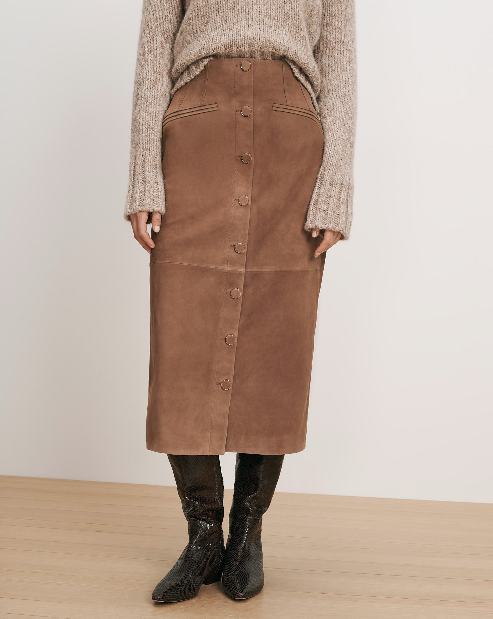 Veronica Beard Brown suede midi skirt with front buttons and pockets.
