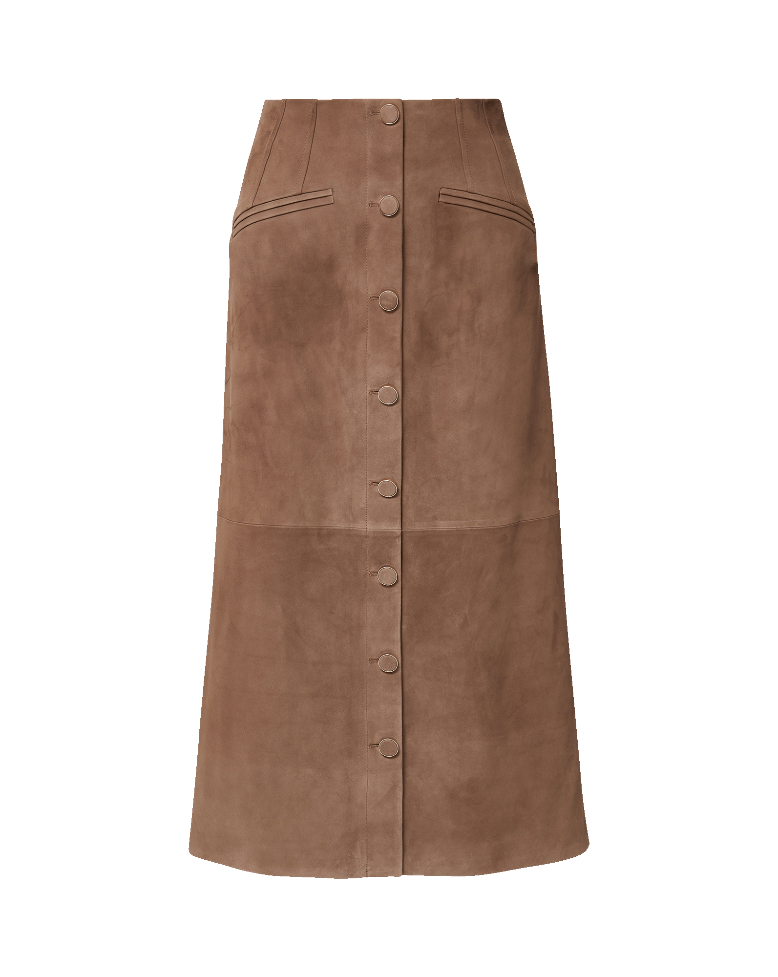 Veronica Beard Brown suede A-line midi skirt with button front.