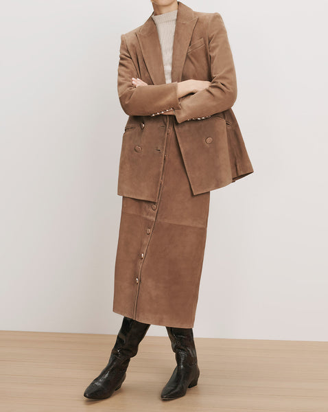Veronica Beard Brown suede double-breasted blazer and matching skirt.