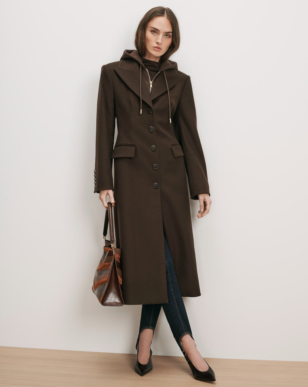 Veronica Beard Brown wool coat, fitted, with hood.