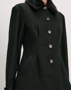 Veronica Beard Black coat with faux fur collar and gold buttons.