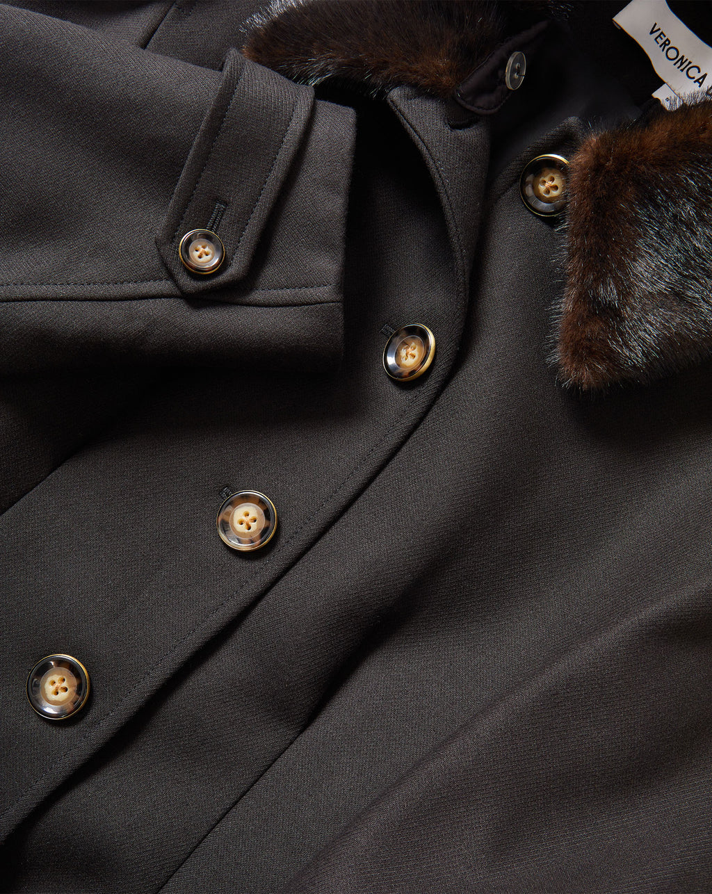 Veronica Beard Black coat with brown faux fur collar and gold buttons.