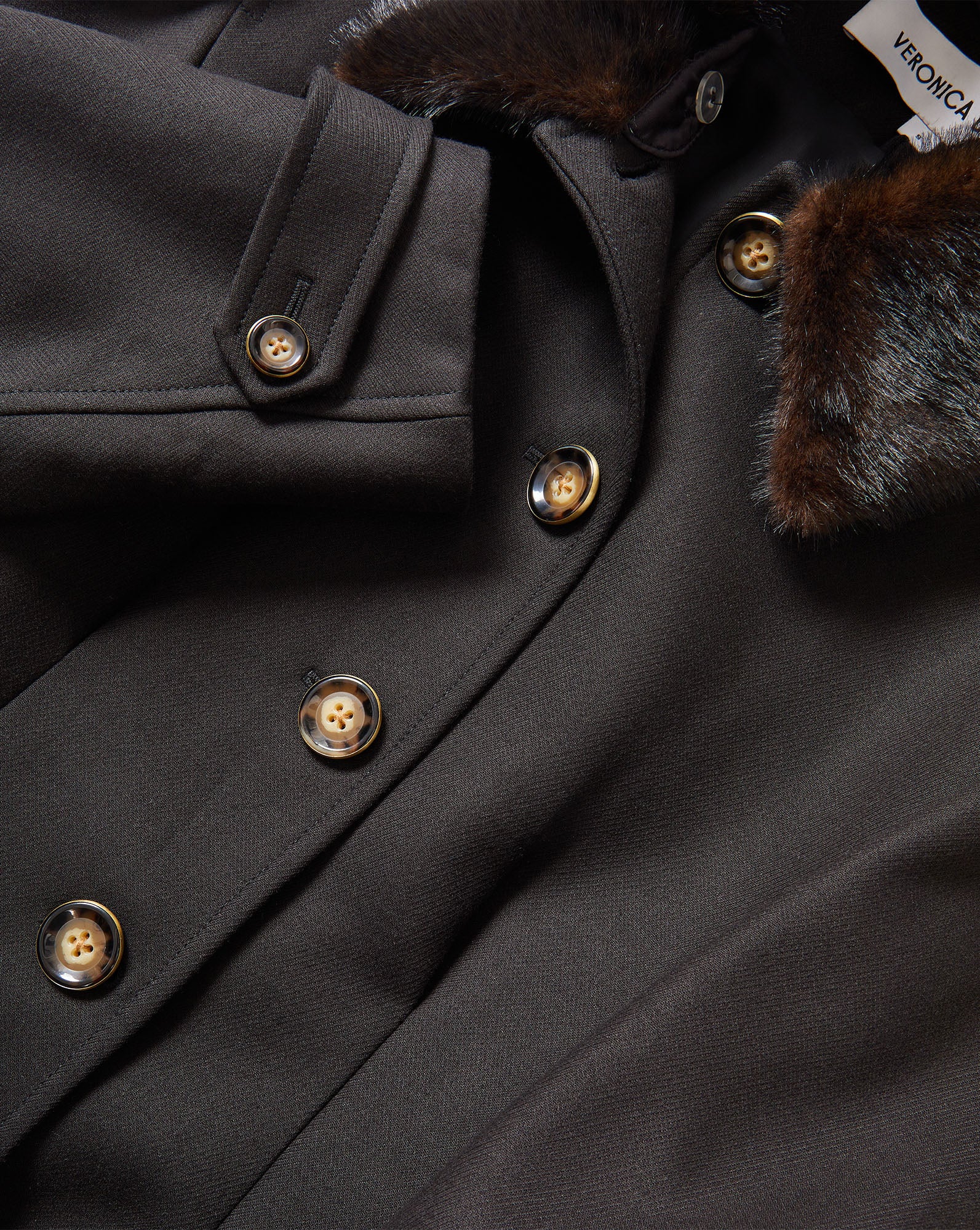Veronica Beard Black coat with brown faux fur collar and gold buttons.